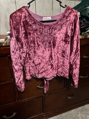 Crushed Velvet Tie-Hem Long-Sleeve Top in Rose